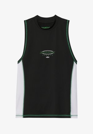 Black sleeveless sports top with green stitching and logo, featuring white side panels and a high crew neckline, made of stretchy material.