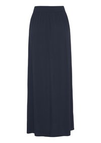 Marineblauwe lange rok gemaakt van zachte stof, met een elastische tailleband en een vloeiende A-lijn ontwerp, die tot de enkels reikt zonder patroon.