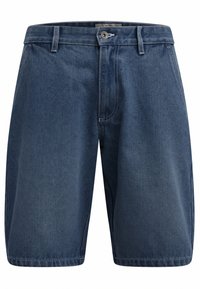 Pantaloni scurți din denim albastru închis cu bucle pentru curea, nasture frontal și închidere cu fermoar, văzuți din față pe un fundal alb.