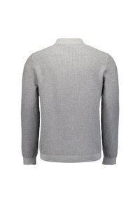 Grijze gebreide trui met een gestructureerd ontwerp, geribde manchetten en een lage kraag. De achterkant toont een naadloze afwerking en een aansluitende pasvorm.