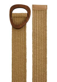 Tkaný látkový opasok v béžovej farbe s oválnou drevenou prackou. Priamy povrch s hladkým koženým koncom. Minimalistický a funkčný dizajn.