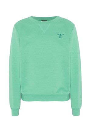 Mintgrüner Sweatshirt mit Rundhalsausschnitt, gerippten Bündchen und Saum, mit einer kleinen bestickten Figur mit ausgestreckten Armen auf der linken Brust.