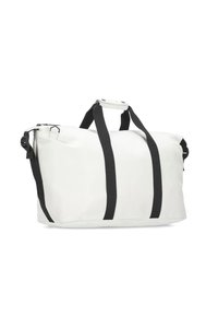 White duffel bag made of durable material, featuring black handles and accents, zip closure, and a structured rectangular shape.