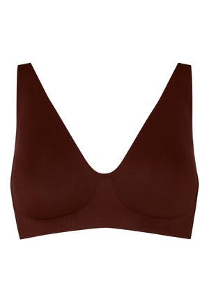 Soutien-gorge sans couture marron foncé sans armatures avec larges bretelles et un profond décolleté en V.