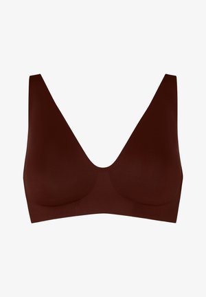 Soutien-gorge sans couture marron foncé sans armatures avec larges bretelles et un profond décolleté en V.