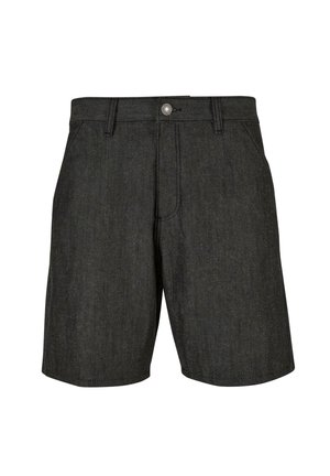 Svarte denimshorts med klassisk snitt, med knappeåpning, beltehemper og subtil sømdetalj. Lengde til midten av låret.