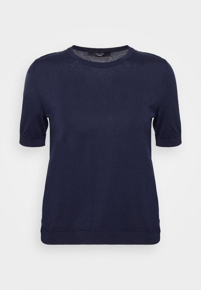 Pull tricoté bleu marine à manches courtes avec encolure ronde et poignets et ourlet côtelés, présenté sur fond blanc.