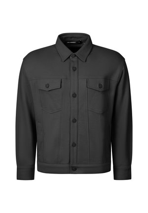 Chaqueta negra con botones, cuello, dos bolsillos delanteros con solapa, mangas largas y detalles de costura visibles.