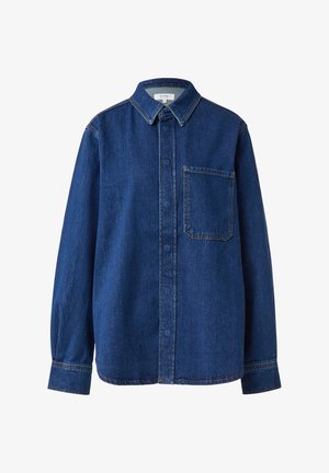 Granatowa koszula z denimu z kołnierzykiem na guziki, długimi rękawami, pojedynczą kieszenią na piersi i detalami w kolorze nici.