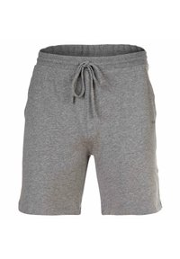 Graue Baumwollshorts mit elastischem Bund, Kordelzug und Seitentaschen. Weiche Textur und knielanges Design.