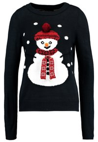 Maglione nero con una grafica di un pupazzo di neve bianco, dotato di un cappello rosso, sciarpa e bottoni, circondato da accenti di fiocchi di neve bianchi.
