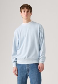 Jonge man met krullend haar in een lichtblauwe Levi's sweatshirt en blauwe jeans, staande tegen een effen grijze achtergrond.