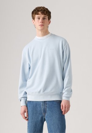 Jonge man met krullend haar in een lichtblauwe Levi's sweatshirt en blauwe jeans, staande tegen een effen grijze achtergrond.