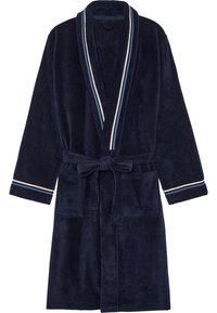 Accappatoio blu navy realizzato in morbido tessuto in spugna, con colletto scialle, cintura da annodare e dettagli a righe a contrasto su maniche e colletto.