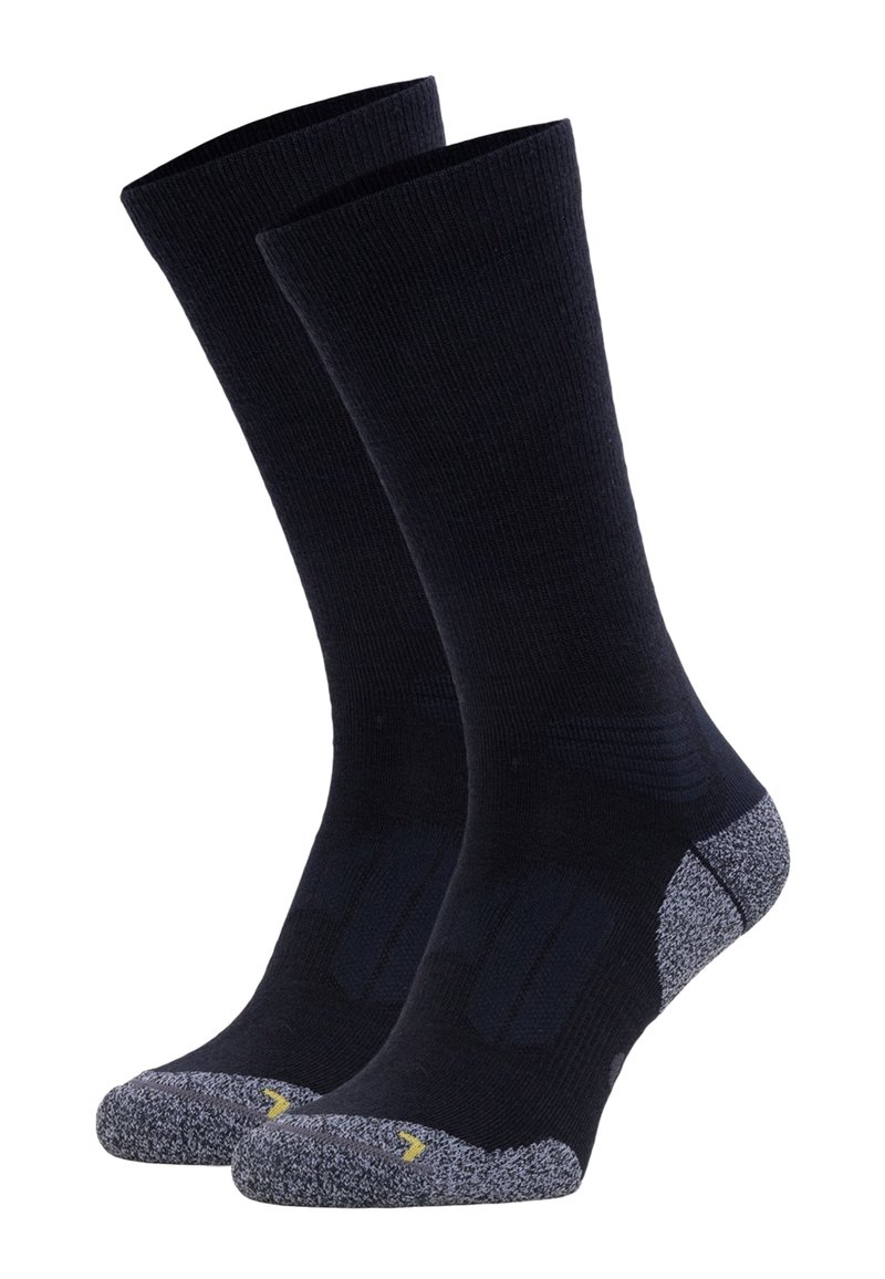 Schwarze knielange Socken mit geripptem Textur und verstärktem grauen Fersen- und Zehenbereich, mit einem kleinen gelben Akzent im Zehenbereich.