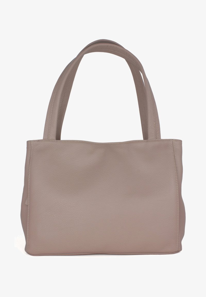 Bežna usnjena torba z gladko teksturo, dvema trdnima ročajema, pravokotno obliko in brez vidnih kovinskih delov ali okrasnih elementov.
