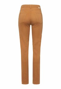 Brown cotton pants with a straight fit. Features five pockets, belt loops, and a minor label detail on the back waistband. No visible patterns.