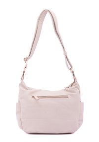 Beige leren schoudertas met een slouchy vorm, voorzien van een voorzak met rits en een verstelbare schouderband. Getextureerd oppervlak met een gladde afwerking.