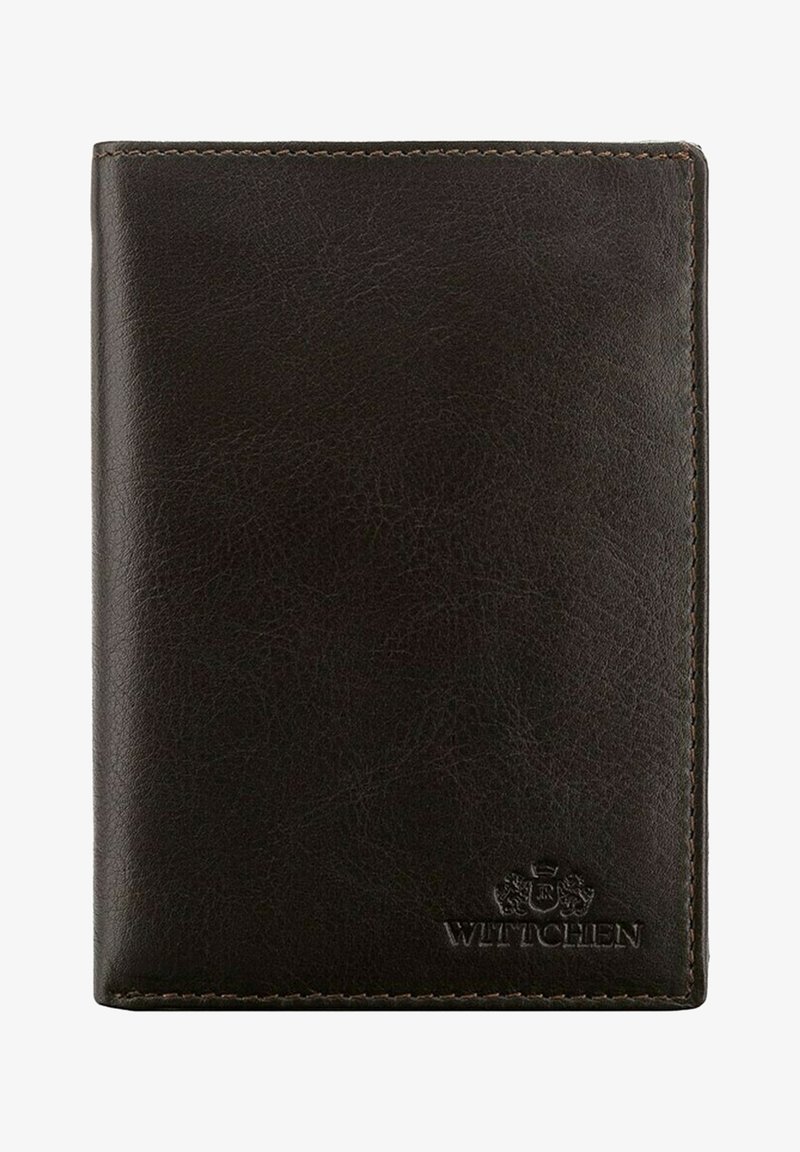 Dark brown leather wallet with a textured surface, featuring a embossed logo at the bottom, and detailed stitching along the edges.
