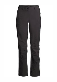 Zwarte outdoorbroek met een rechte pasvorm, ritszakken en een gladde textuur. Ontworpen voor comfort en duurzaamheid.