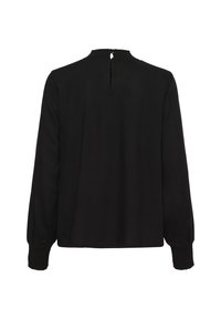 Black long-sleeve shirt with a high neckline, smocked cuffs, and a keyhole opening at the back. Smooth fabric and relaxed fit.