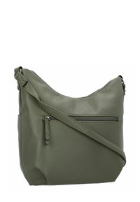 Bolso de hombro de cuero verde con un acabado texturizado, correa ajustable y un bolsillo con cremallera en la parte delantera para una mejor organización.