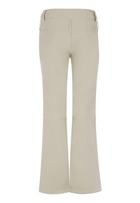 Pantalon beige à jambes larges avec détail de couture sous les genoux, passants de ceinture et poches arrière, vu de dos sur fond blanc.