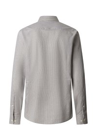 Šedá kostkovaná košile s běžným límcem, dlouhými rukávy a manžetami na knoflíky. Vyznačuje se strukturovanou tkaninou a zakřiveným spodním lemem.