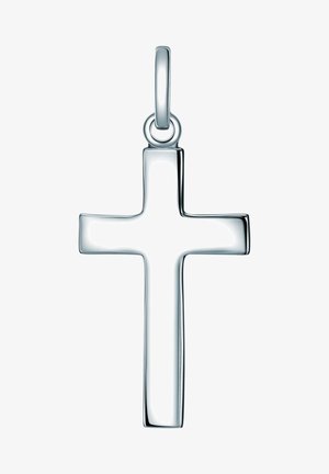 Pendentif croix en argent avec une finition polie, présentant un design géométrique simple. La croix possède une boucle pour attacher en haut.