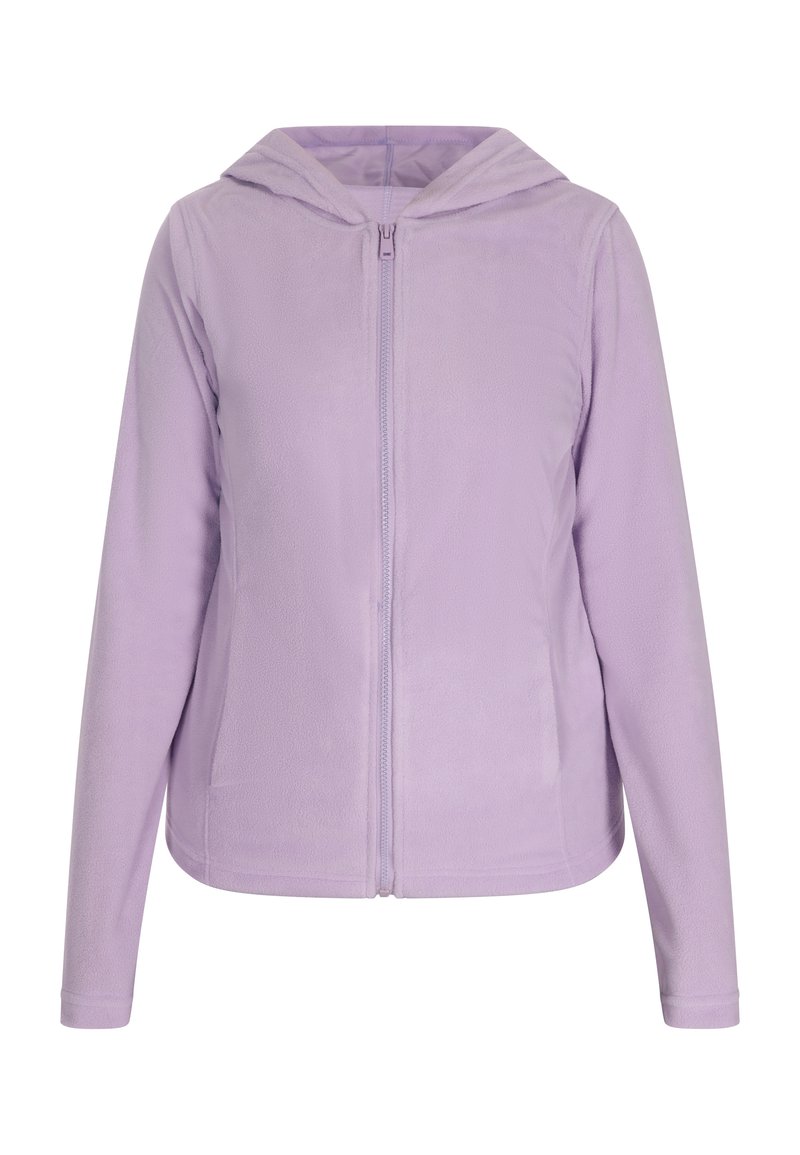 Felpa con zip di colore viola chiaro, realizzata in morbido tessuto felpato, con cappuccio, maniche lunghe e tasche laterali per una maggiore comodità.