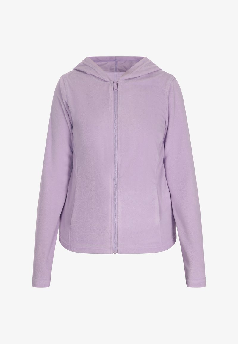 Felpa con zip di colore viola chiaro, realizzata in morbido tessuto felpato, con cappuccio, maniche lunghe e tasche laterali per una maggiore comodità.