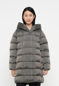 Pufferjas in gedempt grijs, met een capuchon, boxy vorm, gequilt ontwerp en grote met dons gevulde secties voor isolatie.