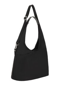 Sort skuldertaske i stof med rundet top, justerbar rem, mesh-detalje og lynlåslomme. Glat tekstur, minimalistisk design.