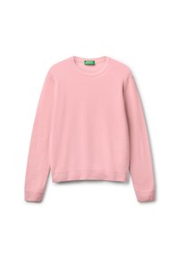 Ljusrosa långärmad tröja med rund hals och ribbad mudd och nederkant, uppvisad liggande med en grön etikett inuti kragen.