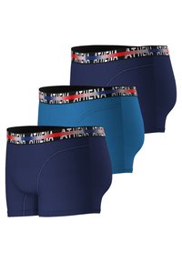 Trois paires de boxers en bleu marine, bleu foncé et turquoise, avec une taille noire portant "ATHENA" et des accents rouges.