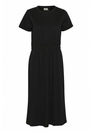 Schwarzes Kurzarmkleid aus weichem Stoff. Hat einen rundem Halsausschnitt und einen elastischen Bund, der in einen knielangen Rock übergeht.