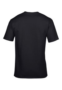 Zwarte T-shirt met korte mouwen, een gladde textuur, ronde hals en een eenvoudige achterkant, gemaakt van comfortabele stof. Geen patronen of accenten.