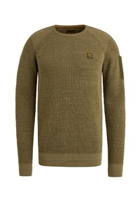 Sudadera de punto en verde oliva con un patrón texturizado, puños y dobladillo acanalados, cuello redondo y un pequeño parche de marca en el pecho.