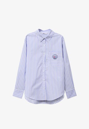 Light blue and white vertical striped long-sleeve shirt with front pocket embroidered with a shell and the word "LOVE" with a red heart.