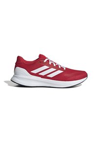 Red athletic shoe with a textured mesh upper, white stripes, flat laces, padded collar, and a visible cushioned sole.