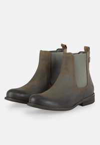 Stivaletti Chelsea in pelle marrone con una finitura liscia, pannelli laterali elastici e tacco basso. Punta texturizzata e accenti in verde a contrasto.