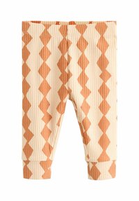 Tűzött kisgyermek leggings krém színben, geometrikus narancs-barna gyémánt mintával. Jellemzői: rugalmas derékpánt és testhezálló mandzsetta.