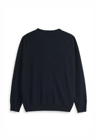 Maglione leggero in maglia di un blu navy, con scollo tondo e maniche lunghe. Tessuto liscio, orlo e polsini a coste discreti.