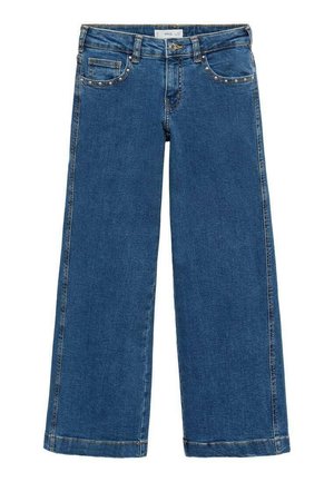 Blaue weite Jeans aus Denim, mit einem klassischen Fünf-Taschen-Design, dekorativen Nieten an den vorderen Taschen und einem geraden Schnitt.