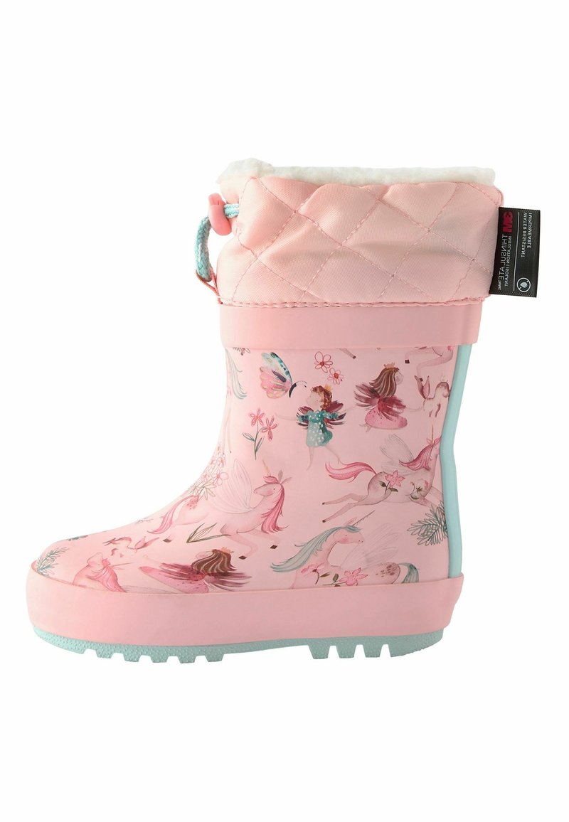 Botte imperméable rose avec un haut matelassé et un design de licorne floral. Dotée d'une semelle en caoutchouc bleu clair et d'un cordon de serrage pour un ajustement sécurisé.