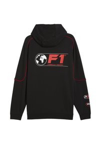 Sort hættejakke med rød syning. Har et fremtrædende "F1" logo med en globe og teksten "FORMULA 1 RACING" på ryggen. Blød tekstur.