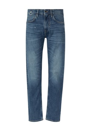 Lichtblauwe denim jeans met een rechte pasvorm, zichtbare stiksels, klassiek vijf-pocket ontwerp en een ritsfly. Verbleekte afwerking met een zachte textuur.