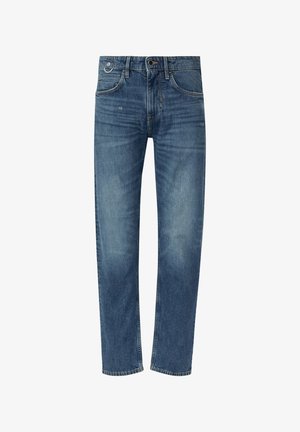 Heled sinise denimist teksapüksid sirge lõikega, nähtava õmblusega, klassikalise viie tasku disainiga ja lukuga. Pleekinud viimistlus pehme tekstuuriga.