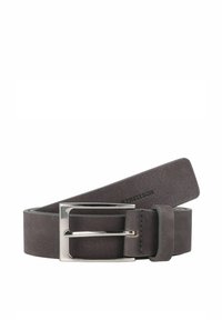 Ceinture en cuir gris avec une texture lisse, boucle rectangulaire en argent et détail de marque sur le côté intérieur. Longueur réglable.