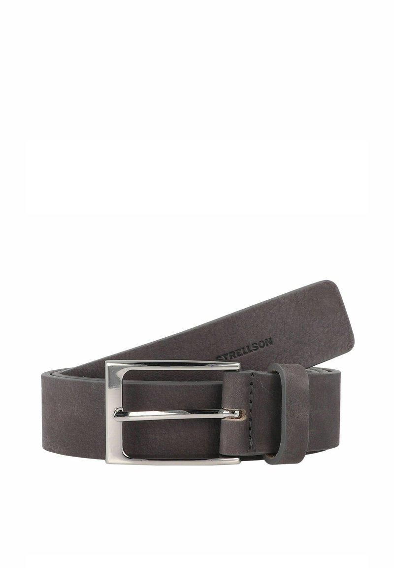 Ceinture en cuir gris avec une texture lisse, boucle rectangulaire en argent et détail de marque sur le côté intérieur. Longueur réglable.